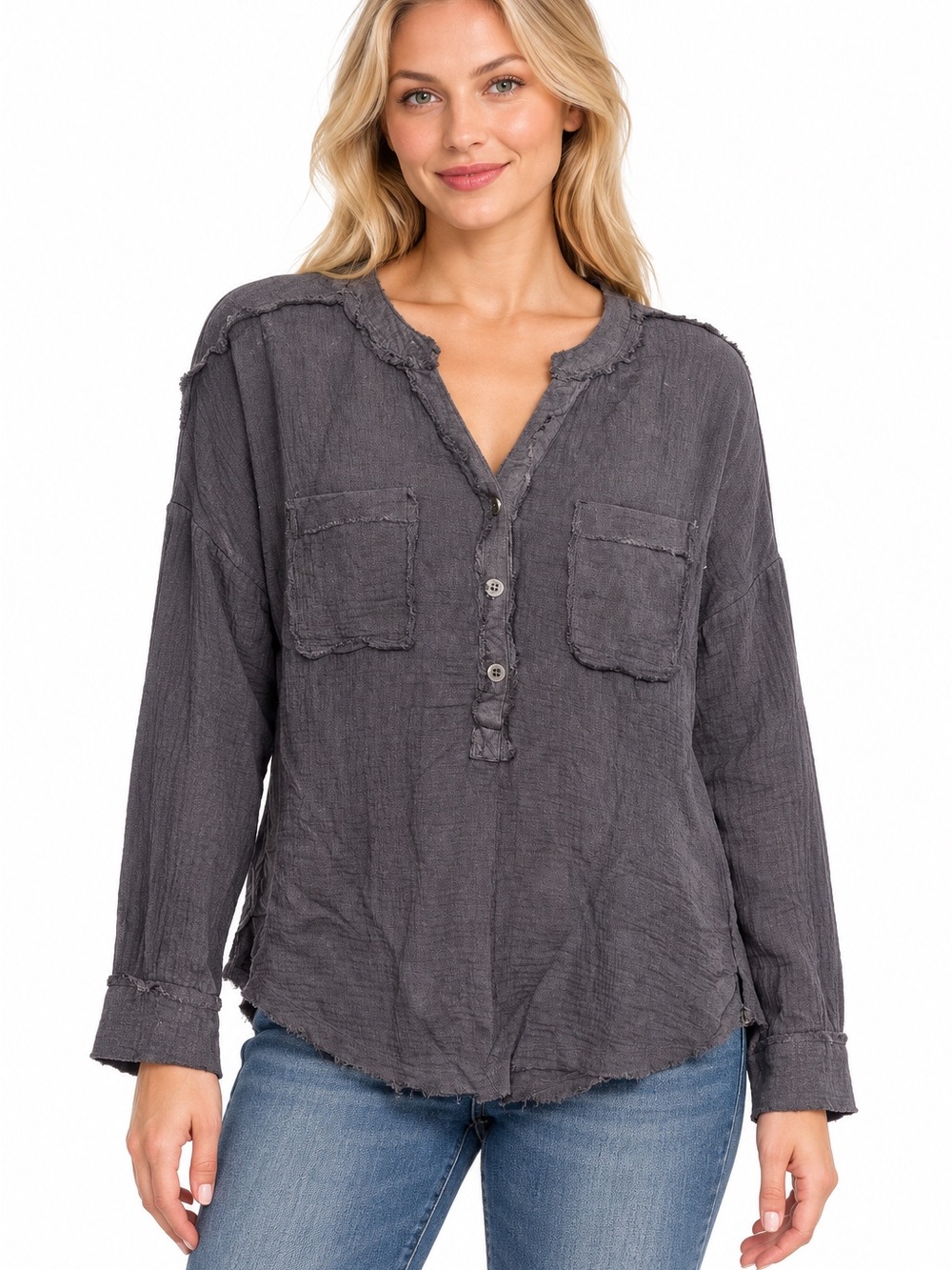 Zenana Size Small Washed Charcoal Long-Sleeve Henley Top